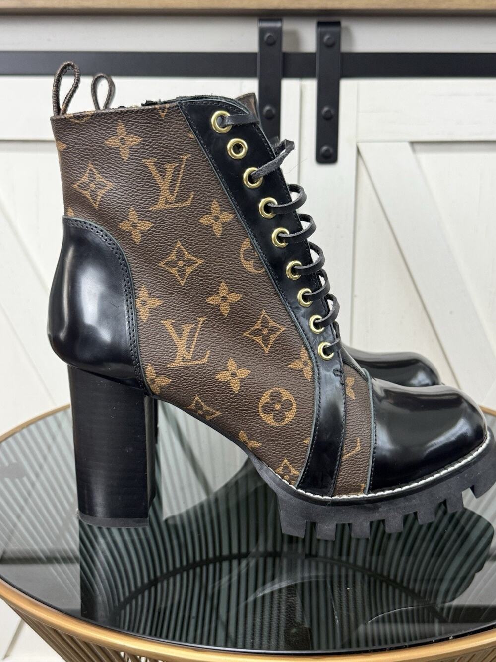 Women’s Platform Chunky Heel Monogram Ankle Booties Y2K Size EU 40 US 8.5